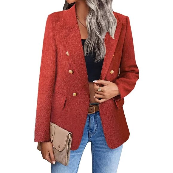 Jackets & Blazers - Business Work Tweed Plaid Jacket Suit Pocket -Red